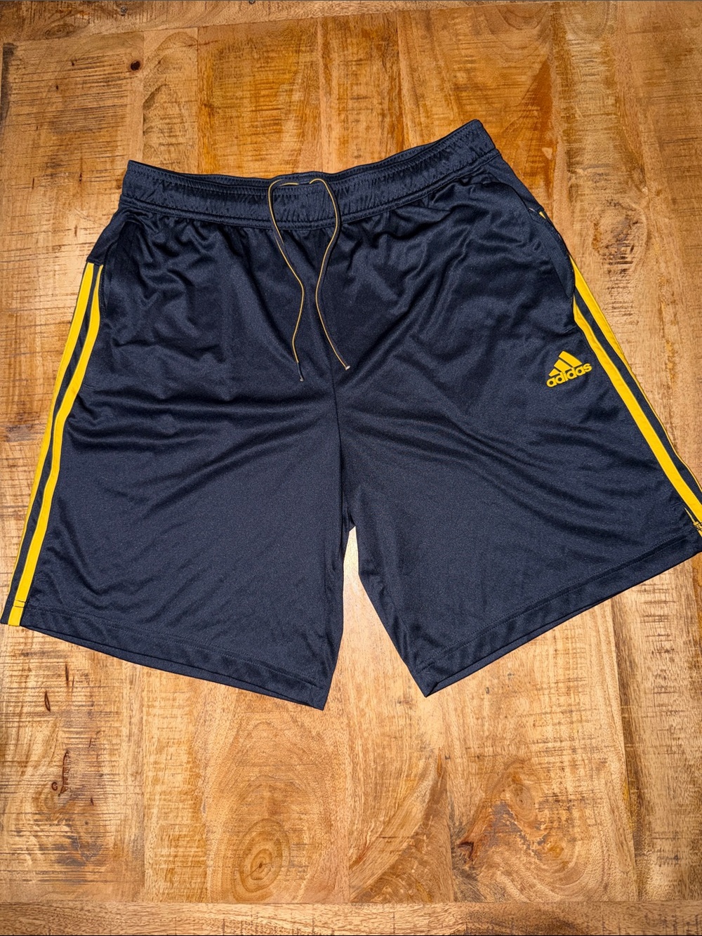 adidas Navy Athletic Shorts with Yellow Side Stripes
